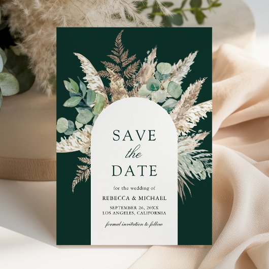 Save The Date Pampas Eucalyptus Arch Emerald Green Wedding