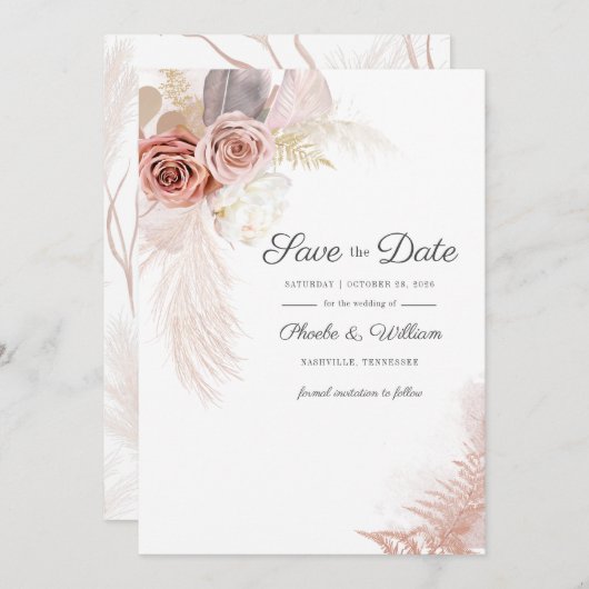 Save The Date Pampas moderne Grass Floral Script Terracotta (Devant / Derrière)