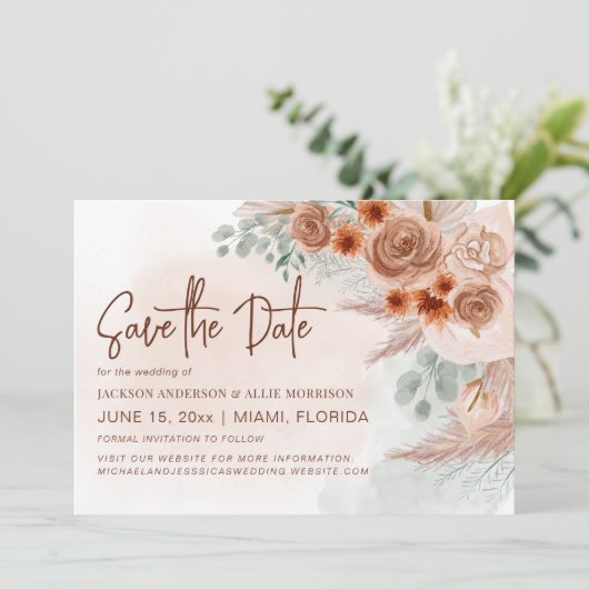 Save The Date Pampas Rustique Mariage en terracotta en laiton (Debout devant)