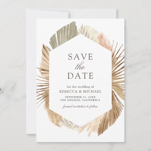 Save The Date Pampas Rustique Séché Palm Feuille Photo Mariage (Devant)