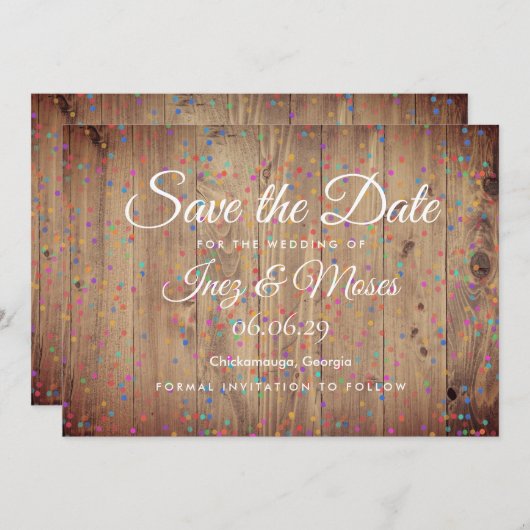 Save The Date Panneaux en bois rustique Rainbow Confetti Enregis (Devant / Derrière)