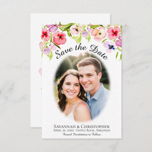 Save The Date Pansies d'aquarelle, Fleurs sauvages et Mariage ph (Devant / Derrière)