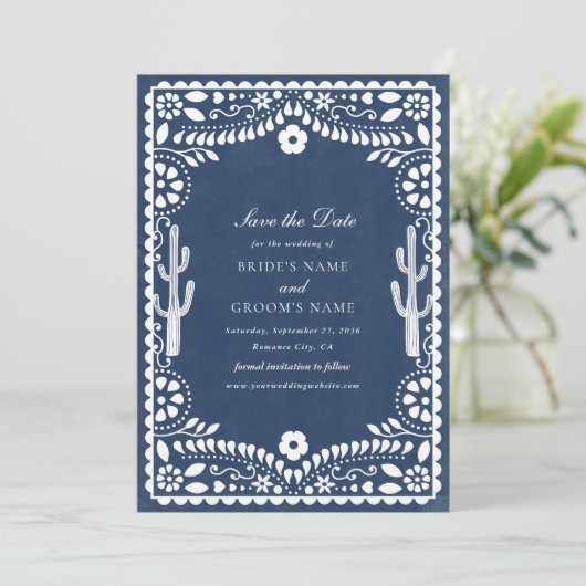 Save The Date Papel Picado Boda Mexican Rustic Blue Wedding (Debout devant)