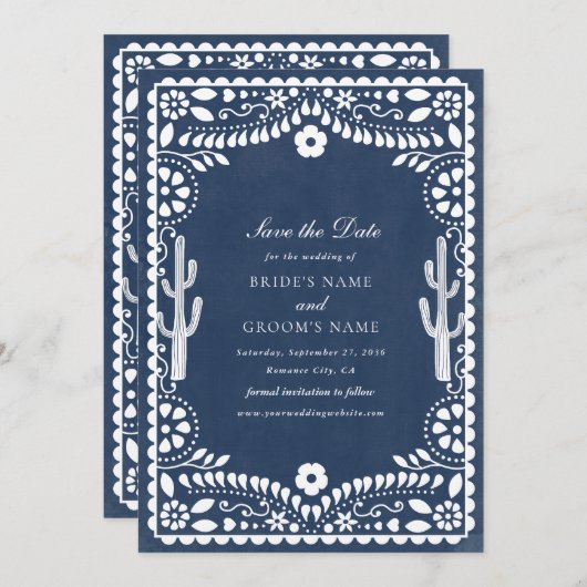 Save The Date Papel Picado Boda Mexican Rustic Blue Wedding (Devant / Derrière)
