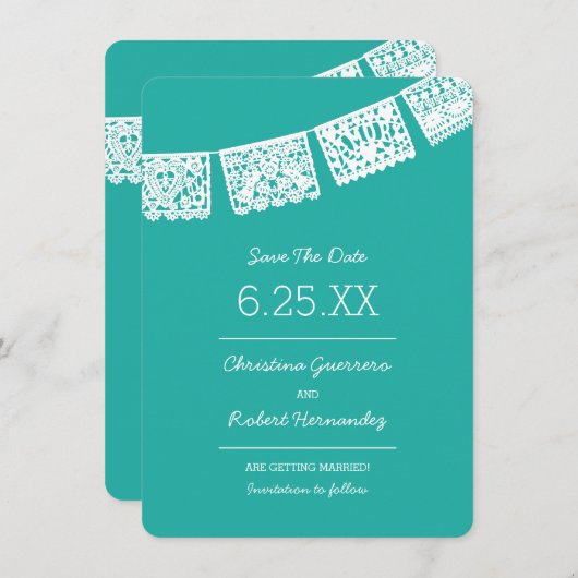 Save The Date Papel Picado Bright Aqua | Mariage Enregistrer La  (Devant / Derrière)