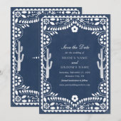 Save The Date Papel Picado Mariage Mexicain Rustique Bleu (Devant / Derrière)