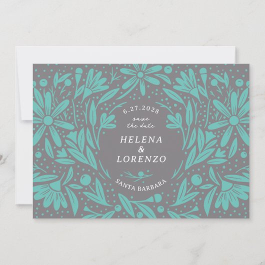 Save The Date Papercut Fleurs rustiques Gris Turquoise (Devant)