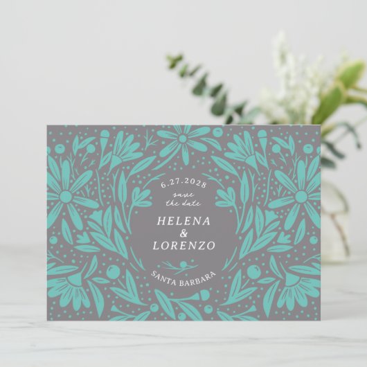Save The Date Papercut Fleurs rustiques Gris Turquoise (Debout devant)