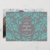 Save The Date Papercut Fleurs rustiques Gris Turquoise (Devant / Derrière)