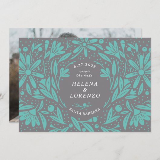 Save The Date Papercut Fleurs rustiques Gris Turquoise (Devant / Derrière)