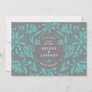 Save The Date Papercut Fleurs rustiques Gris Turquoise