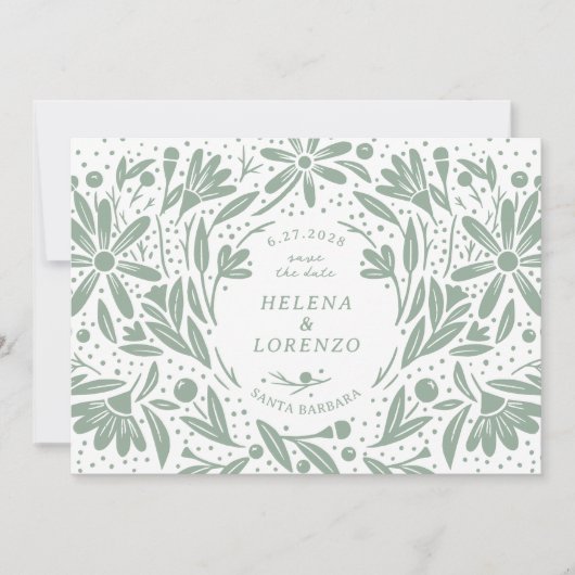 Save The Date Papercut Fleurs rustiques Sage Green (Devant)