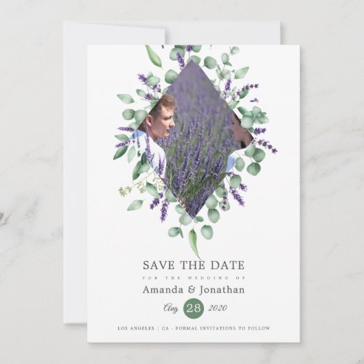 Save The Date Papier aquarelle mariage eucalyptus lavande verdur (Devant)
