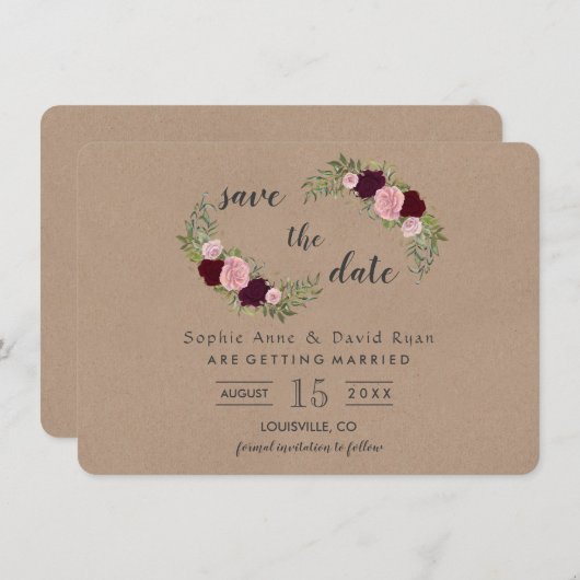 Save The Date Papier d'artisanat floral rustique Marsala Enregis (Devant / Derrière)