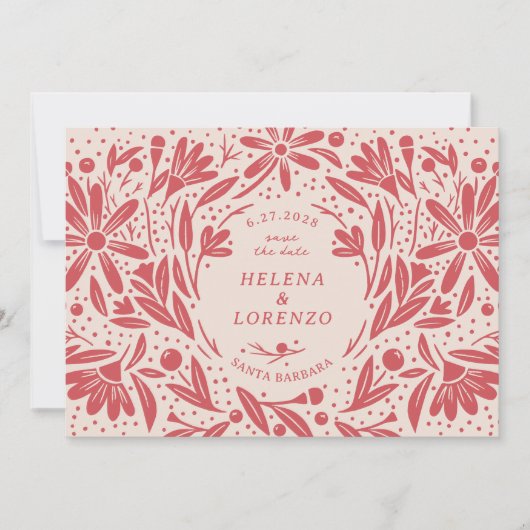 Save The Date Papier découpé Fleurs rustiques Antique Rouge (Devant)