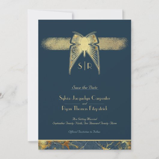 Save The Date Papillon Art Déco Monogramme Mariage bleu et or (Devant)