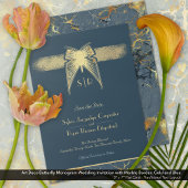 Save The Date Papillon Art Déco Monogramme Mariage bleu et or