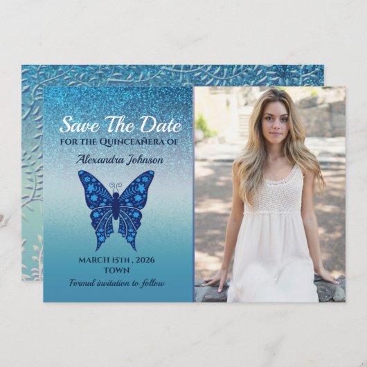 Save The Date Papillon bleu Quinceañera (Devant / Derrière)