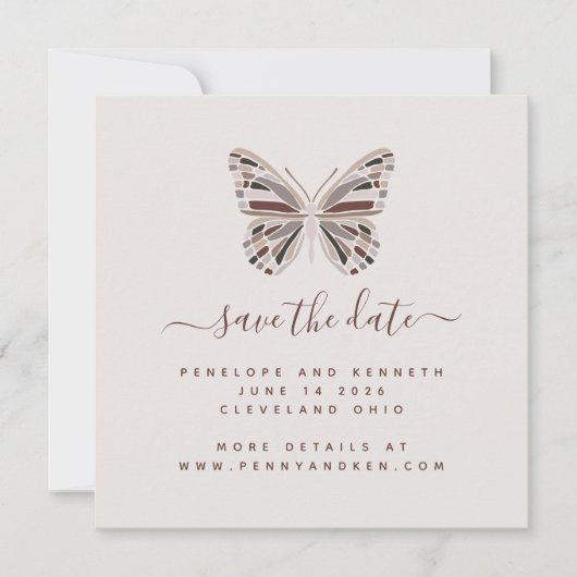Save The Date Papillon Boho | Burgundy et Taupe élégant (Devant)