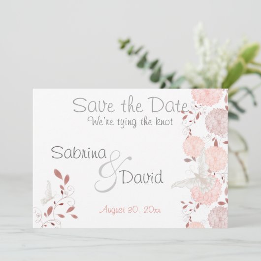 Save The Date Papillon Coral Chrysanthèmes Enregistrer la date (Debout devant)