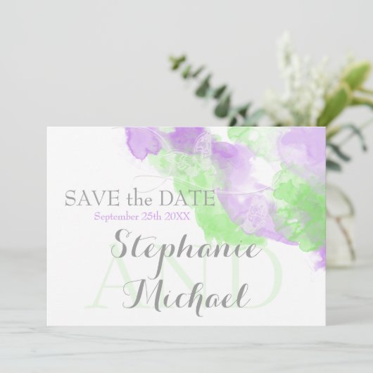 Save The Date Papillon d'aquarelle Lilac Matcha Green Splash (Debout devant)