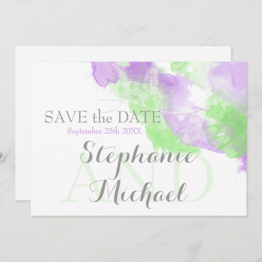 Save The Date Papillon d'aquarelle Lilac Matcha Green Splash (Devant / Derrière)