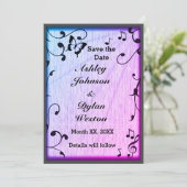 Save The Date Papillon de musique Feuilles Bleu & Bois Mariage V (Debout devant)