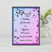 Save The Date Papillon de musique Feuilles Bleu & Violet Bois Ma (Debout devant)