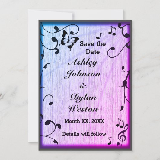 Save The Date Papillon de musique Feuilles Bleu & Violet Bois Ma (Devant)