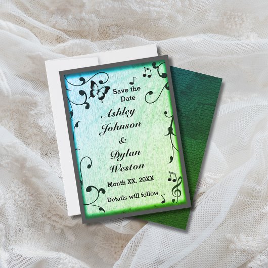 Save The Date Papillon de musique Feuilles Bois vert Mariage