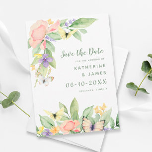 Save The Date Papillon floral à l'aquarelle Élégant mariage vert