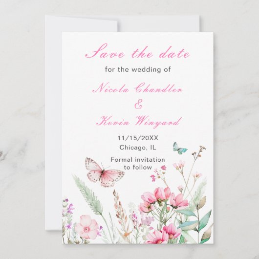 Save The Date Papillon Floral Mariage Rose de Printemps (Devant)