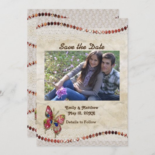 Save The Date Papillon mousseux, dentelle et parchemin Enregistr (Devant / Derrière)