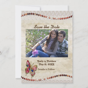 Save The Date Papillon mousseux, dentelle et parchemin Enregistr