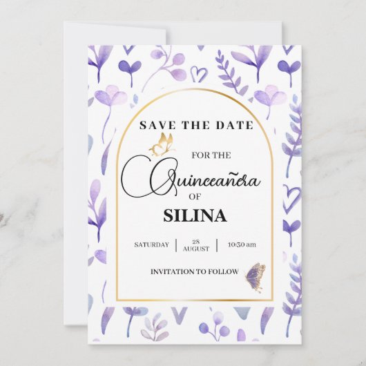 Save The Date Papillon Quinceañera en or violet de lavande (Devant)