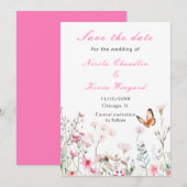 Save The Date Papillon Rose Profond de Printemps Fleurs de Maria (Devant / Derrière)