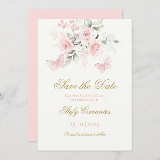 Save The Date Papillon rose Quinceañera (Devant / Derrière)