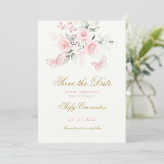 Save The Date Papillon rose Quinceañera Enregistrer La Date (Debout devant)