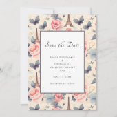Save The Date Papillon Tour Eiffel et Mariage Motif Rose (Devant)