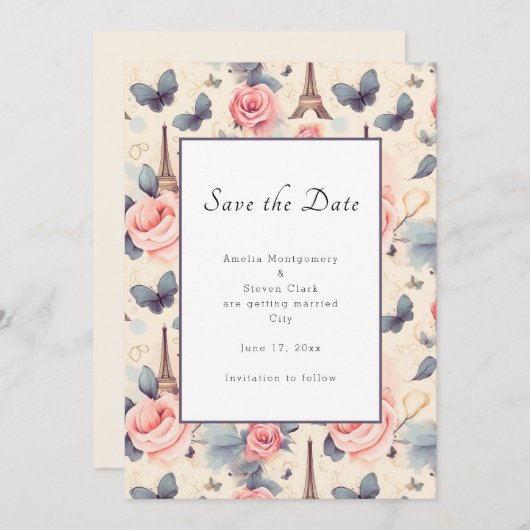 Save The Date Papillon Tour Eiffel et Mariage Motif Rose (Devant / Derrière)