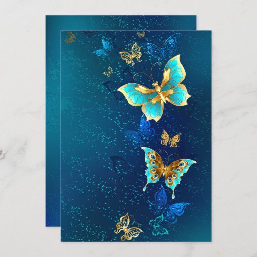 Save The Date Papillons d'or sur un Arrière - plan bleu (Devant / Derrière)