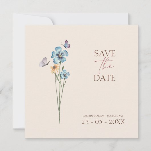 Save The Date Papillons Fleur sauvage bleu simple Mariage floral (Devant)