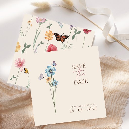 Save The Date Papillons Fleur sauvage bleu simple Mariage floral