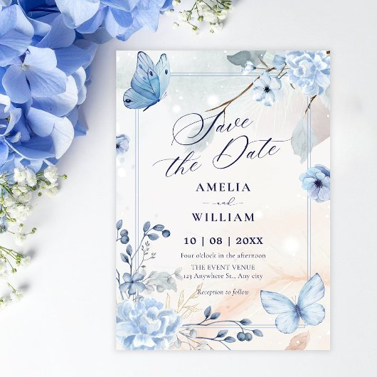 Save The Date Papillons floraux bleus
