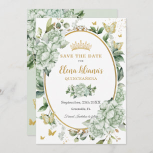 Save The Date Papillons floraux vintages Sage vert Quinceañera