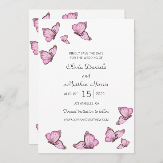 Save The Date Papillons rose aquarelle. Enregistrer la date de m (Devant / Derrière)