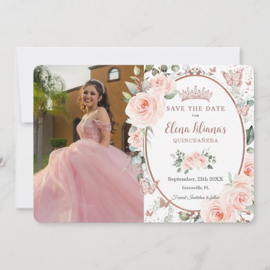 Save The Date Papillons Roses en or Blush Quinceañera (Devant)
