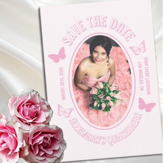 Save The Date Papillons roses Quinceanera