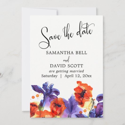 Save The Date Papillons rouges, Iris pourpre Aquarelle Enregistr (Devant)