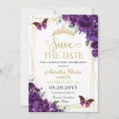 Save The Date Papillons Violet Foncé Or Quinceanera Douce 16 (Devant)